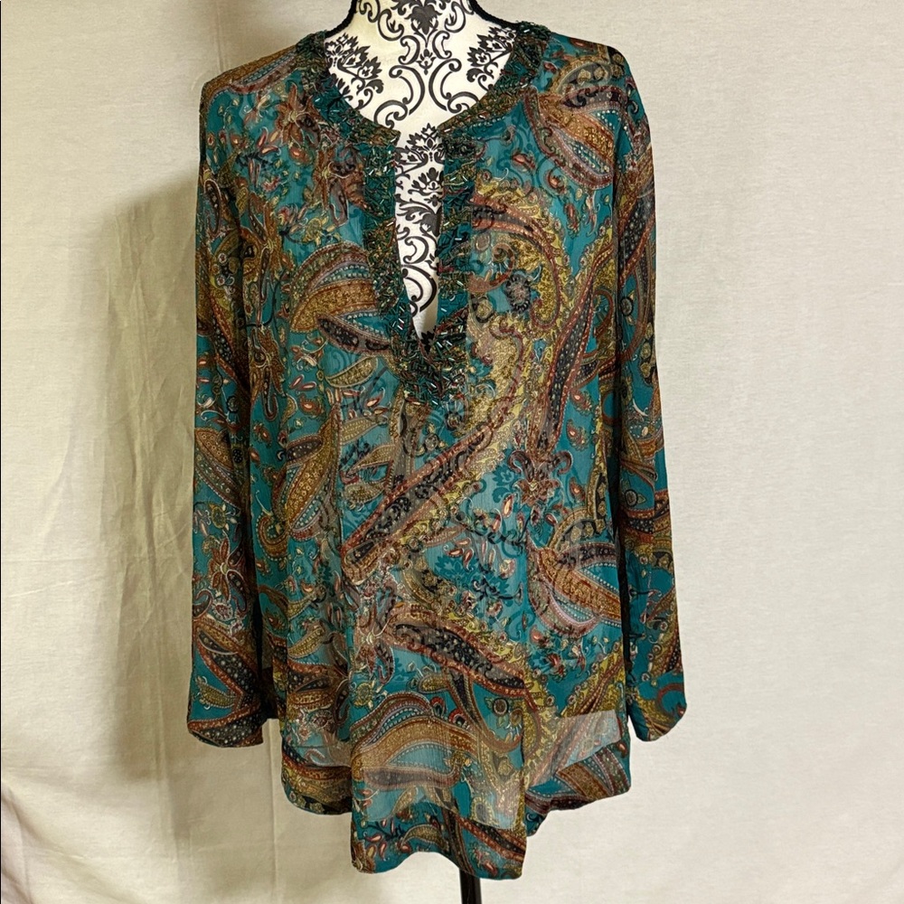 Kaktus Sheer Teal and Brown Paisley beaded metallic tunic Blouse Preowned Cond.